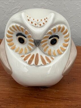 White Ceramic Owl with Tan and Black Accents Made in Spain Vintage